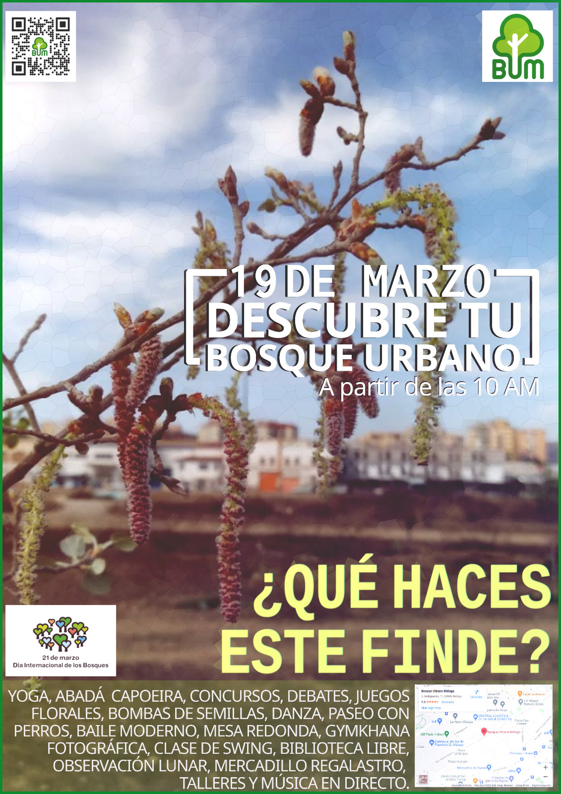 Cartel de la jornada "Descubre tu bosque urbano" organizado por BUM el 19 de marzo de 2022